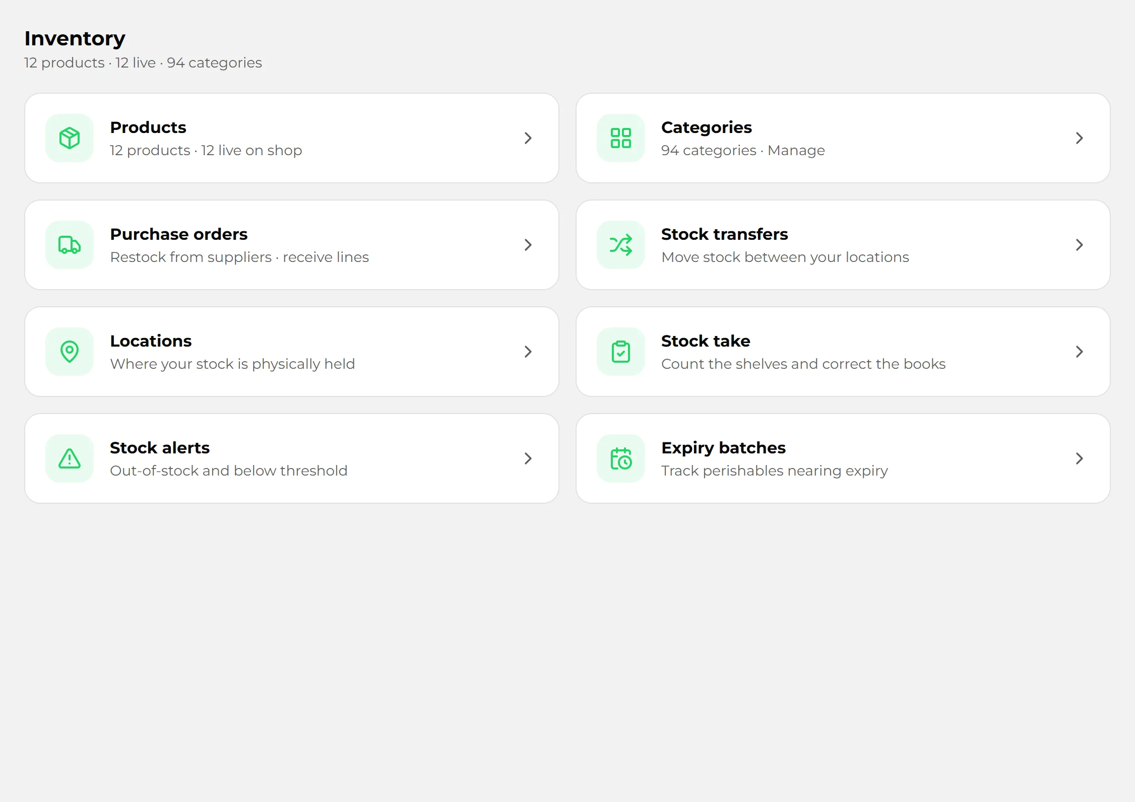 Inventory with products, purchase orders and transfers