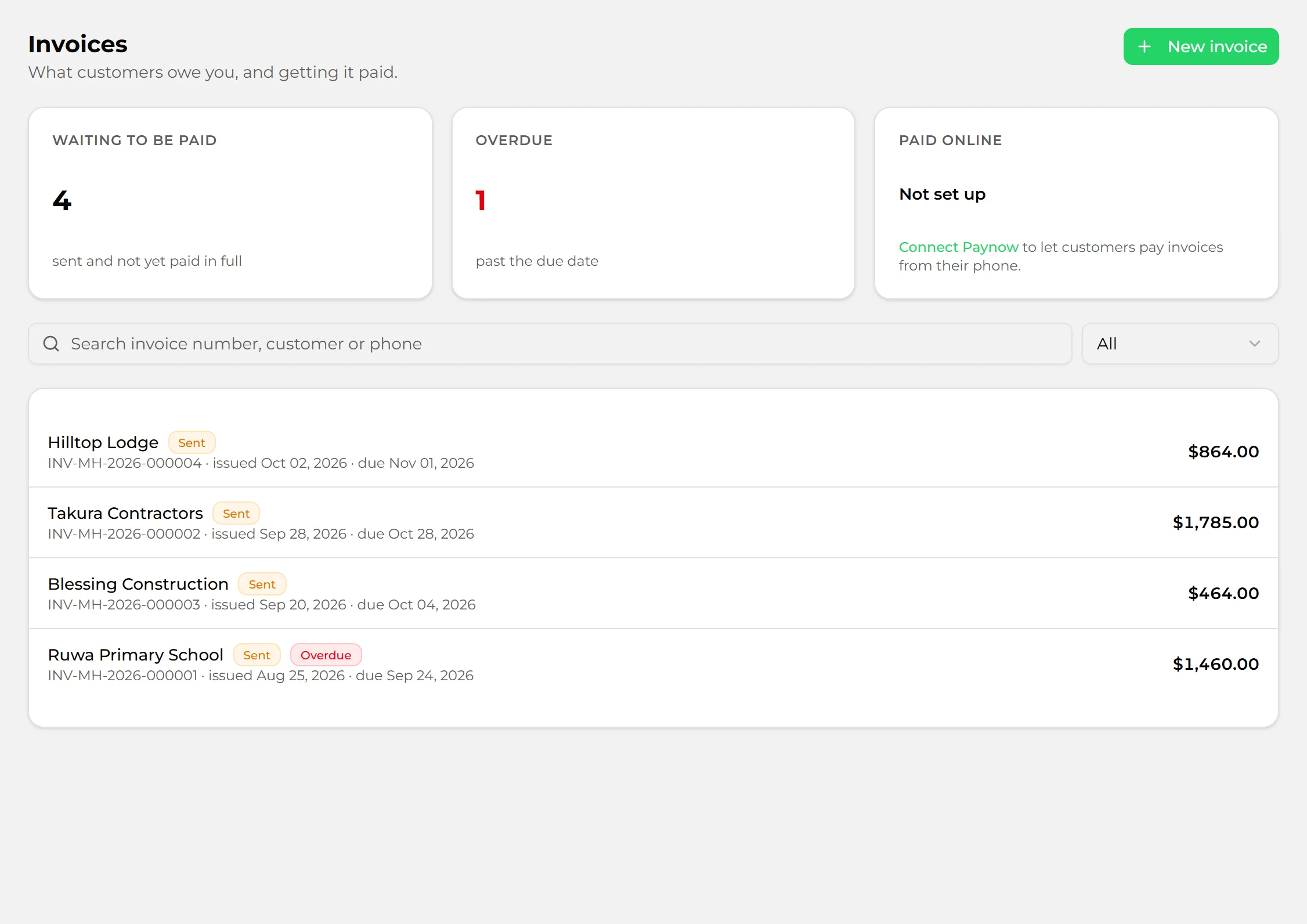 Invoices in Salinker: waiting to be paid, overdue and paid online