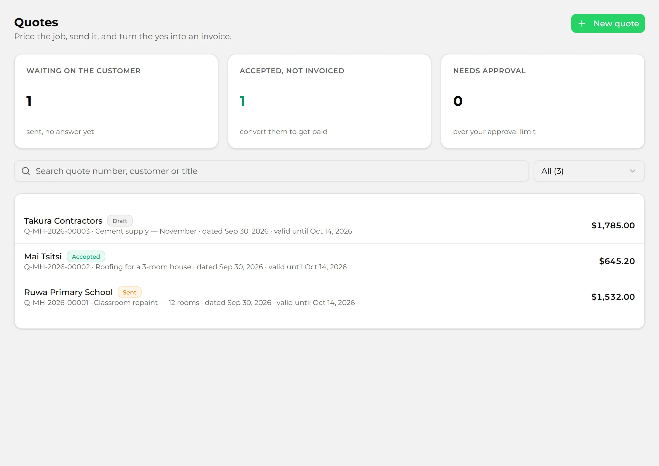 Quotes: waiting on the customer, accepted and drafts
