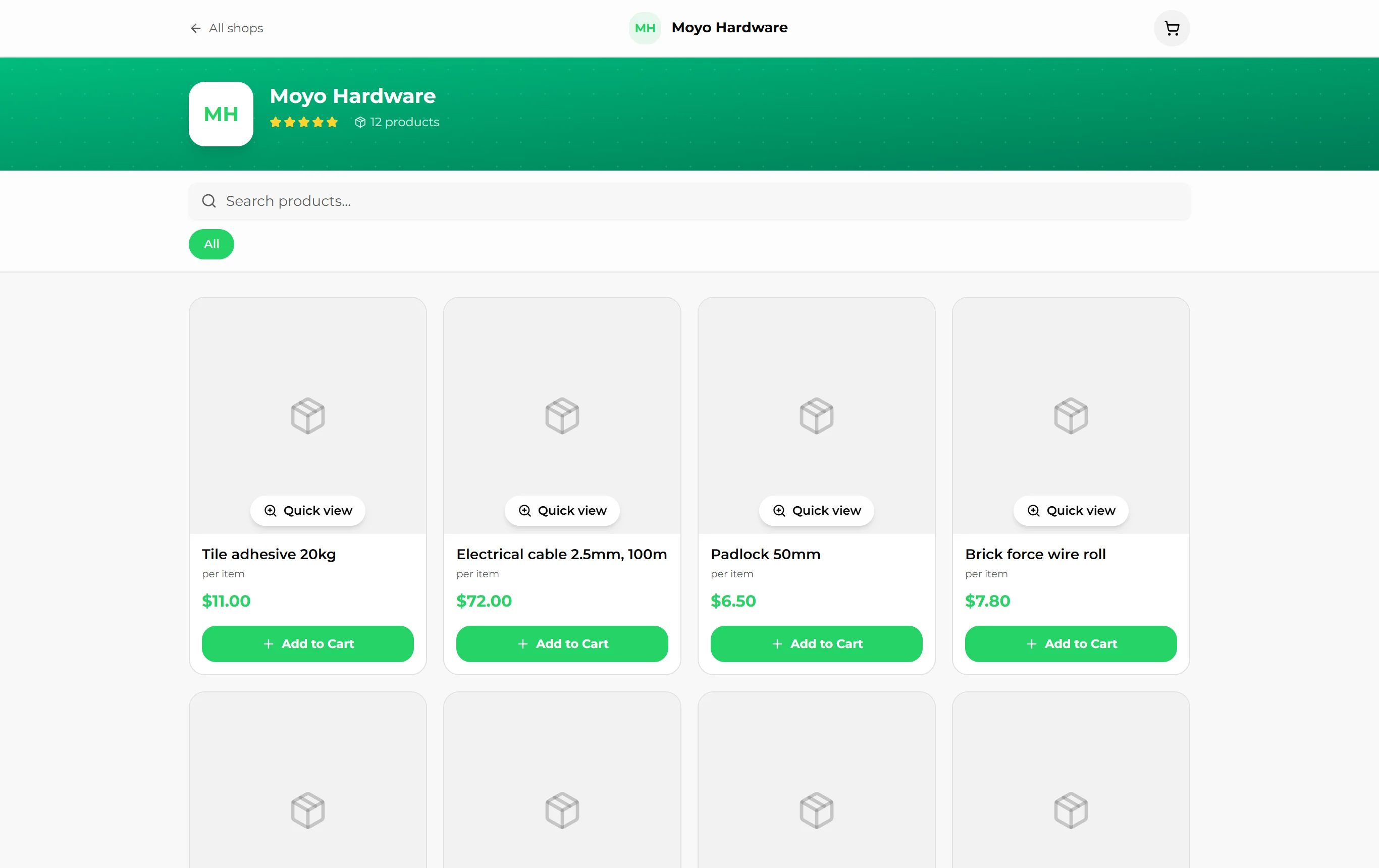 Moyo Hardware's public shop page