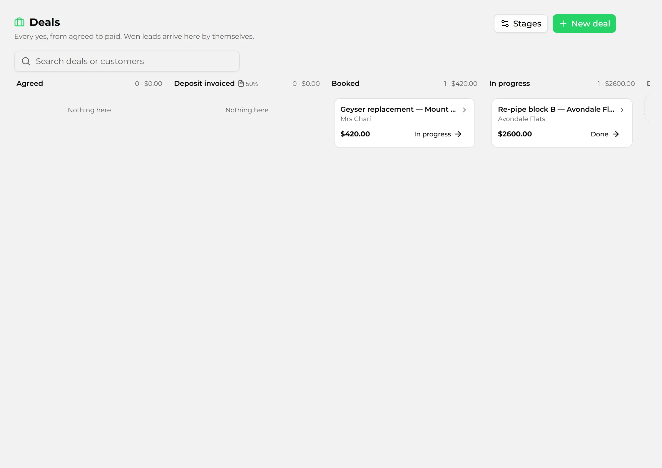 The jobs board with jobs at each stage