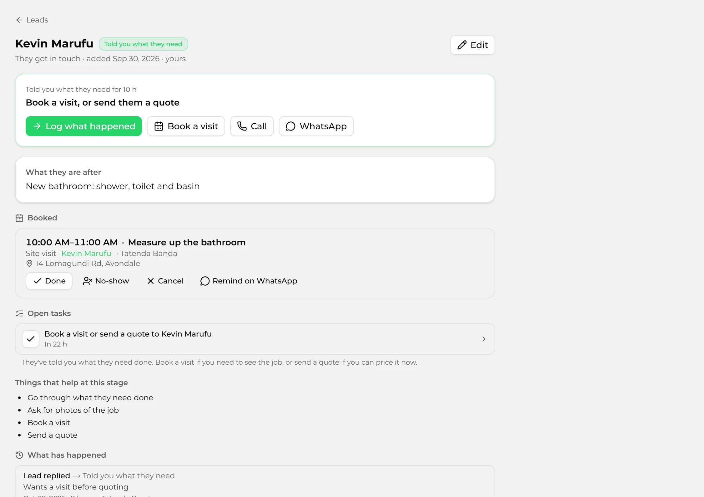 A lead with its next step, a booked visit and open tasks